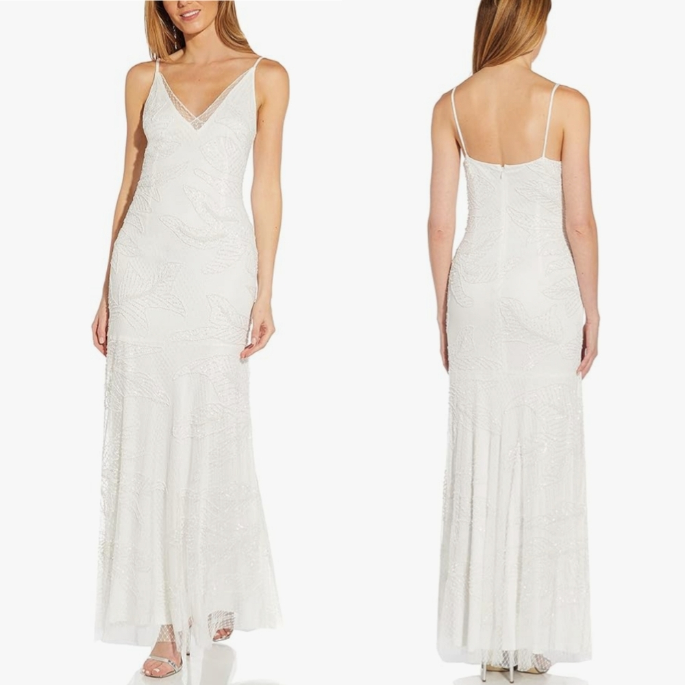 Adrianna Pappel Ivory Beaded Mesh Slip Dress Gown XL - White Bridal Bridesmaid